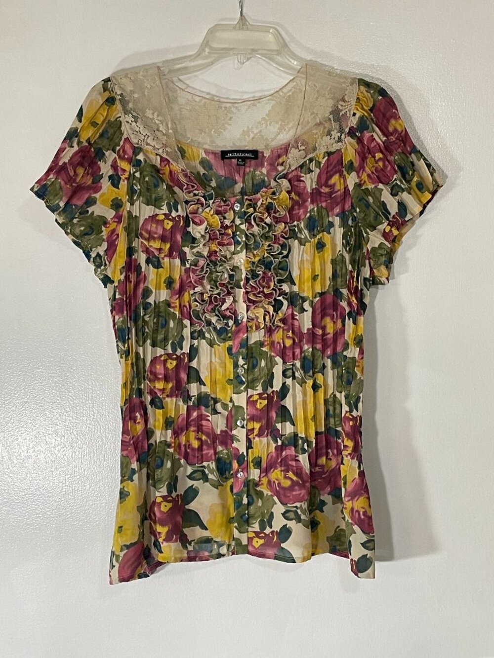 Notations Women’s Floral Top XL Pink Yellow Green Lace Trim Button Up Vintage